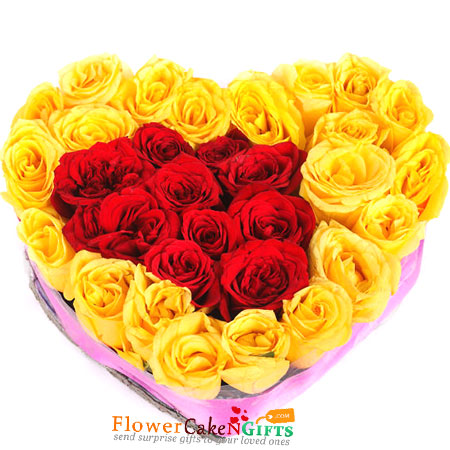 send 30 red yellow roses heart shaped arrangement delivery