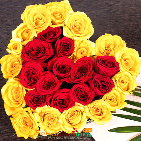 send 28 Yellow red roses heart shaped arrangement delivery