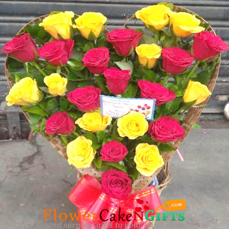 send 25 Red Yellow Roses heart shape arrangement delivery