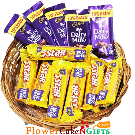 send 12 five star n cadbury dairy milk chocolate basket delivery