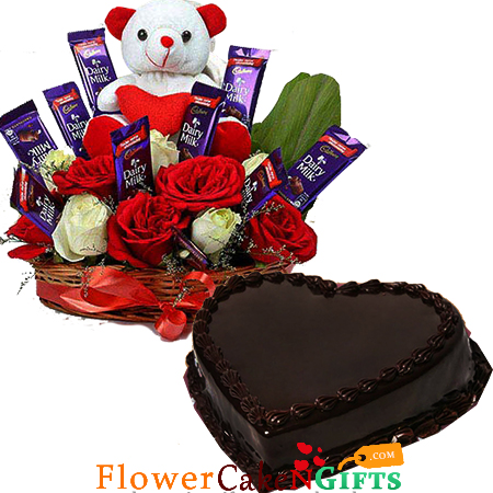 send half kg eggless chocolate cake heart shape n roses flower n teddy chocolate arrangement delivery