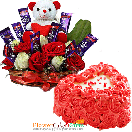 send 1kg heart shaped rose cake n special roses teddy chocolate arrangement delivery