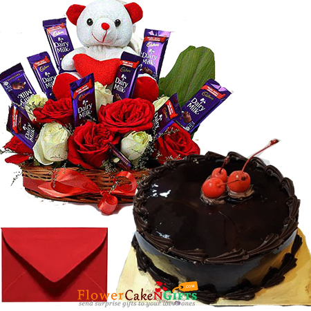 send half kg eggless chocolate cake n special roses teddy chocolate arrangement delivery