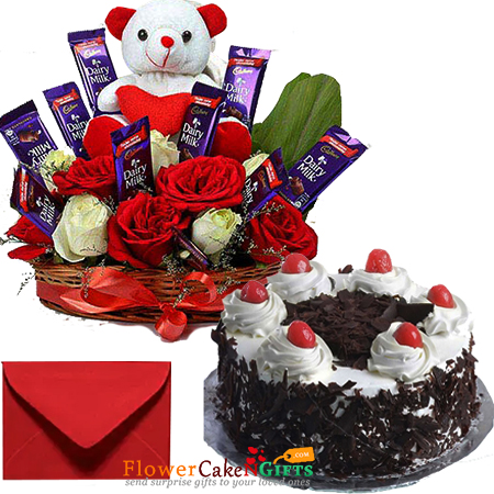 send 1kg eggless black forest cake n special roses teddy chocolate arrangement  delivery