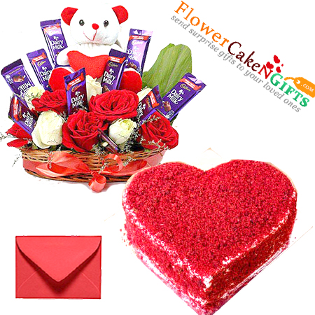 send half kg heart shaped red velvet cake n special roses teddy chocolate basket delivery