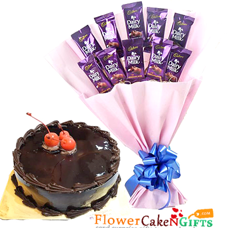 send eggless half kg chocolate cake n dairy milk chocolate bouquet delivery