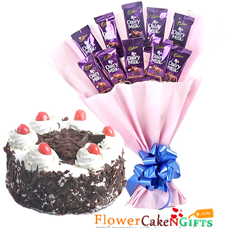send 1 kg eggless black forest cake n cadbury dairy milk chocolate bouquet delivery