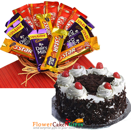 send 1kg eggless black forest cake n chocolate basket combo delivery