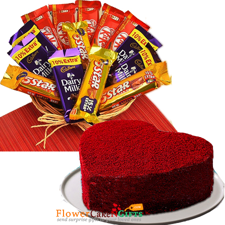 send half kg red velvet heart cake n chocolate basket delivery
