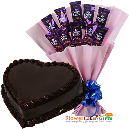 send 1kg chocolate heart shape cake n cadbury dairy milk chocolate bouquet delivery