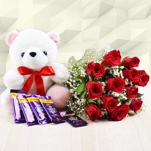 send red roses with teddy 5 dairy milk chocolates only for you delivery