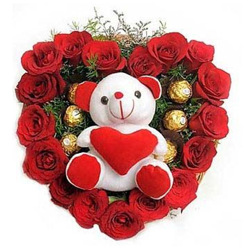 send love combo teddy roses flower ferrero rocher chocolates bouquet delivery