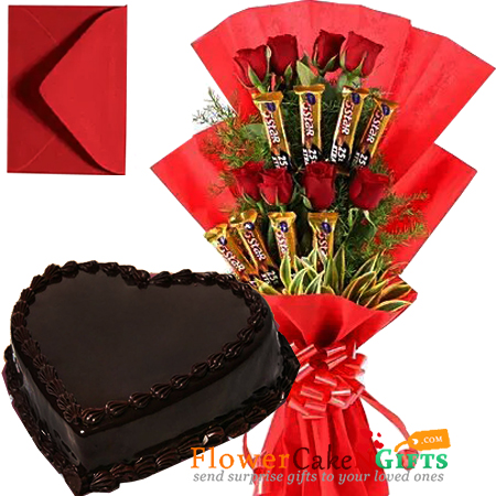 send 1kg chocolate cake heart shaped n roses five star chocolate bouquet delivery