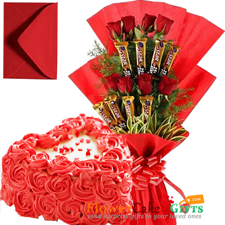 send half kg roses cake heart shaped n roses five star chocolate bouquet delivery