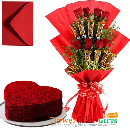 send 1kg eggless red velvet cake heart shaped n roses five star chocolate bouquet delivery