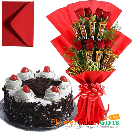 send half kg eggless black forest cake heart shaped n roses five star chocolate bouquet delivery