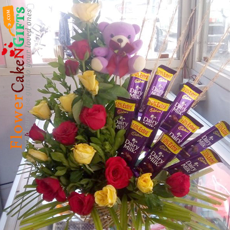 send 15 yellow red roses teddy n 10 chocolate bouquet delivery