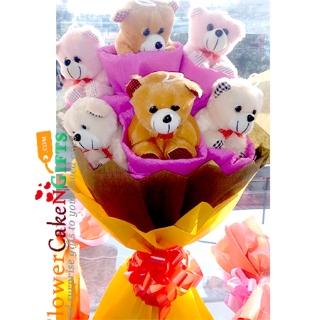 send 6 teddy designer bouquet delivery