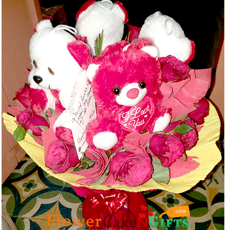 send 10 red roses n 6 teddy designer bouquet delivery