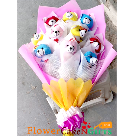 send 9 teddy designer bouquet delivery