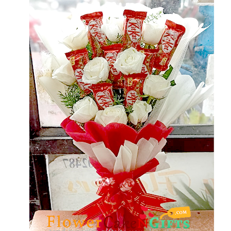 send 10 roses and 8 kitkat chocolate bouquet delivery