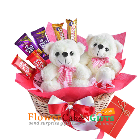 send 2 cute teddy bears n chocolates in basket delivery