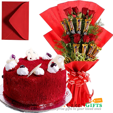 send eggless half kg red velvet cake n roses five star chocolate bouquet delivery