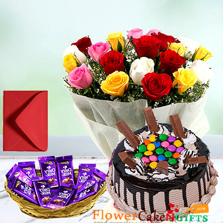 send half kg gems kit kat chocolate cake 20 mix roses 10 cadbury dairy milk in a basket delivery