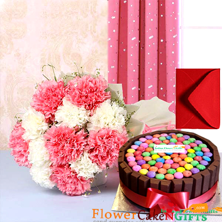 send half kg eggless gems kit kat chocolate cake 10 carnations bouquet delivery