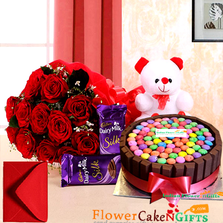 send 1kg eggless kit kat games cake teddy bear dairy milk silks red roses bouquet delivery