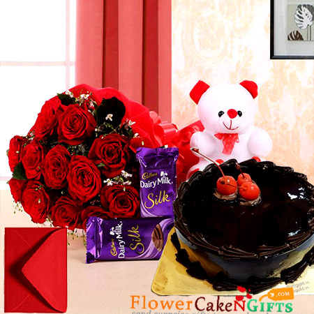 send half kg chocolate cake teddy bear dairy milk silks red roses bouquet delivery