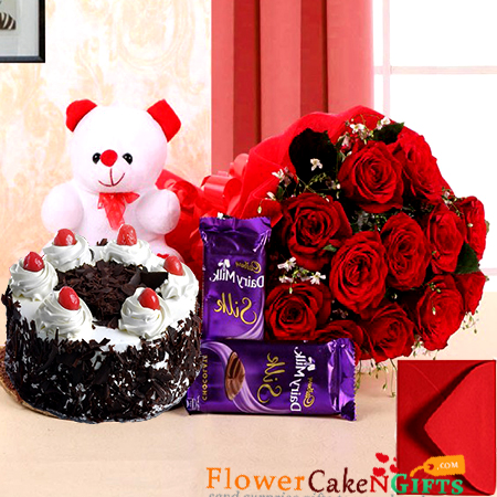 send half kg black forest cake teddy bear dairy milk silks red roses bouquet delivery