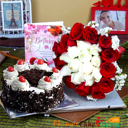 send half kg eggless black forest cake along with 20 mix red and white roses greeting card delivery