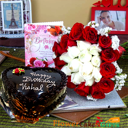 send 1 kg eggless chocolate cake heart shape along with 20 mix red and white roses greeting card delivery