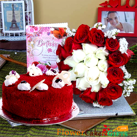 send 1 kg eggless red velvet cake n 20 mix red white roses n greeting card delivery