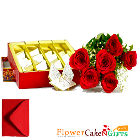 send 500gms kaju katli box with 6 red roses bouquet delivery