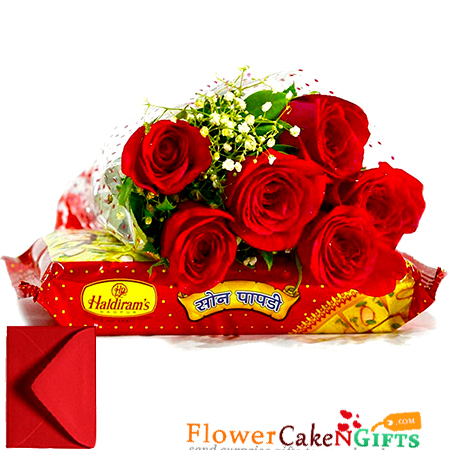 send 500 gms soan papdi sweets with 6 red roses bouquet delivery