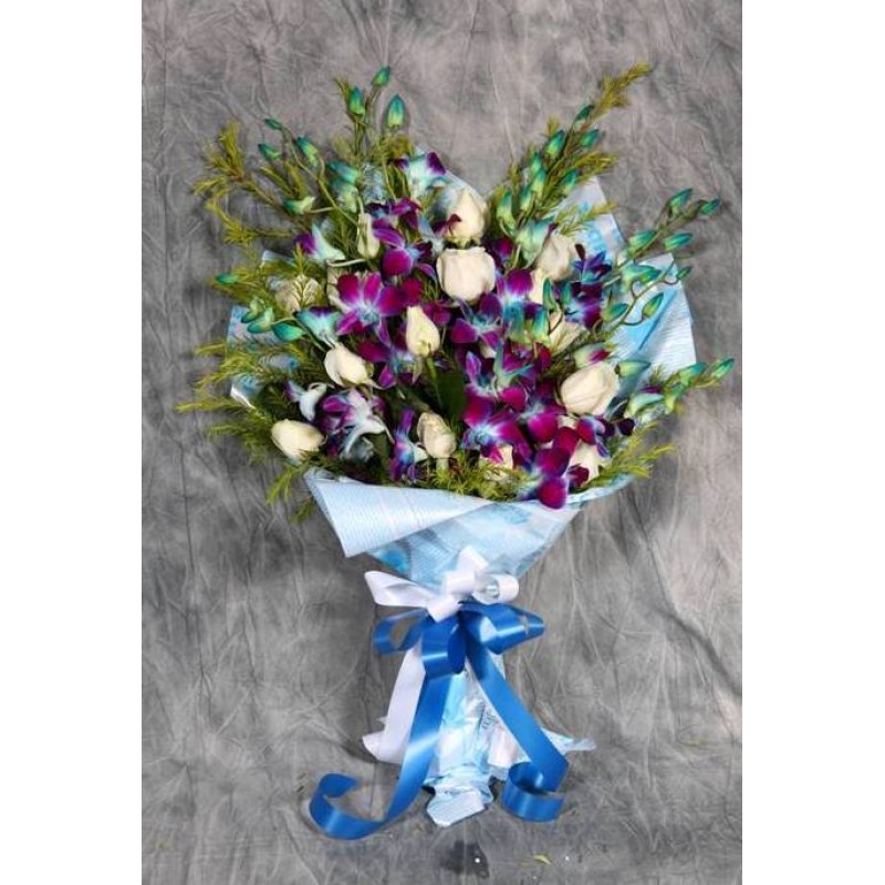 send 6 orchids with 10 white roses wrapped beautifully delivery