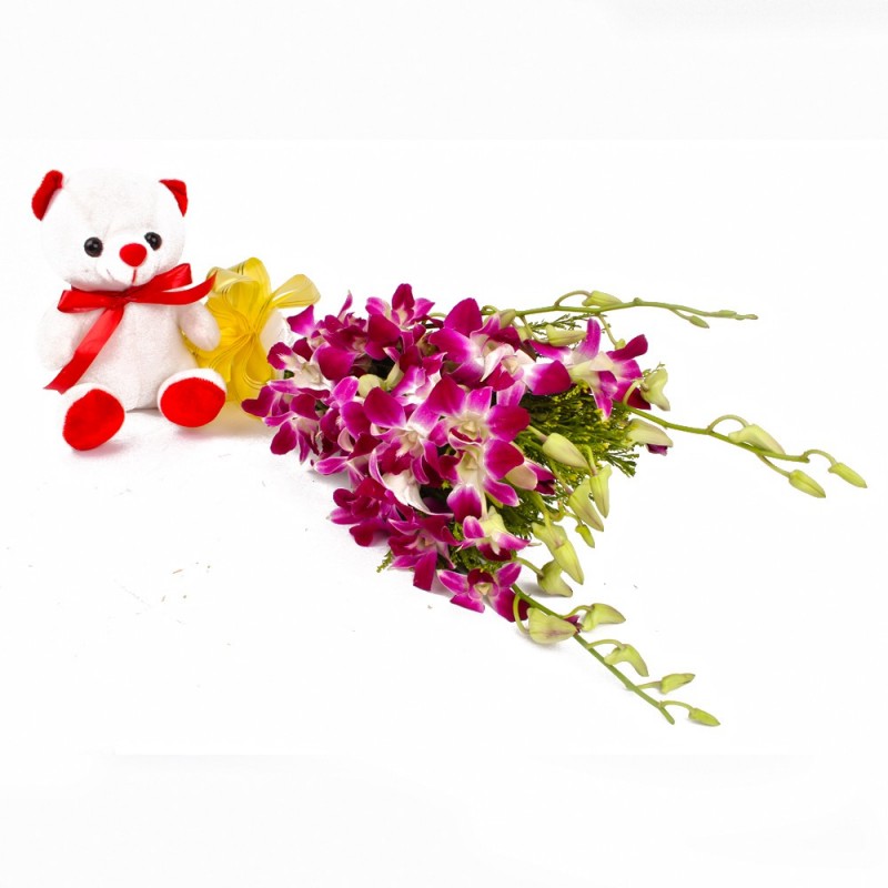 send 6 purple orchids with teddy delivery