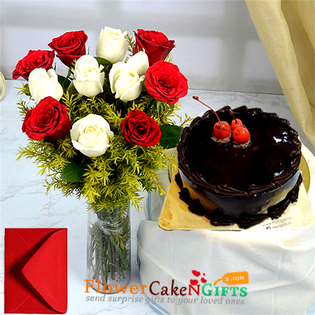 send 1 kg eggless dark chocolate truffle cake with 12 red white roses vase delivery