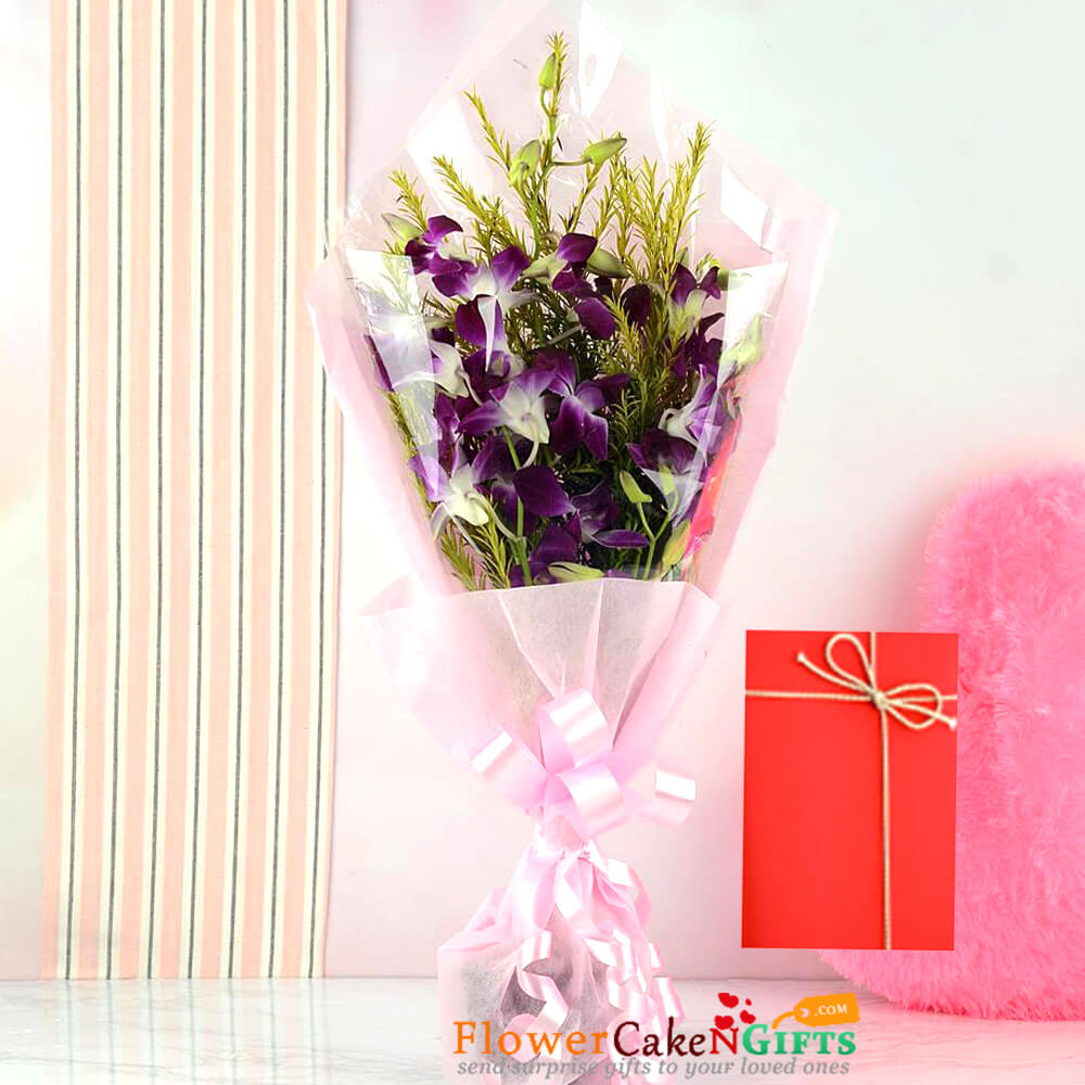 send 5 purple orchid bouquet and greeting card delivery
