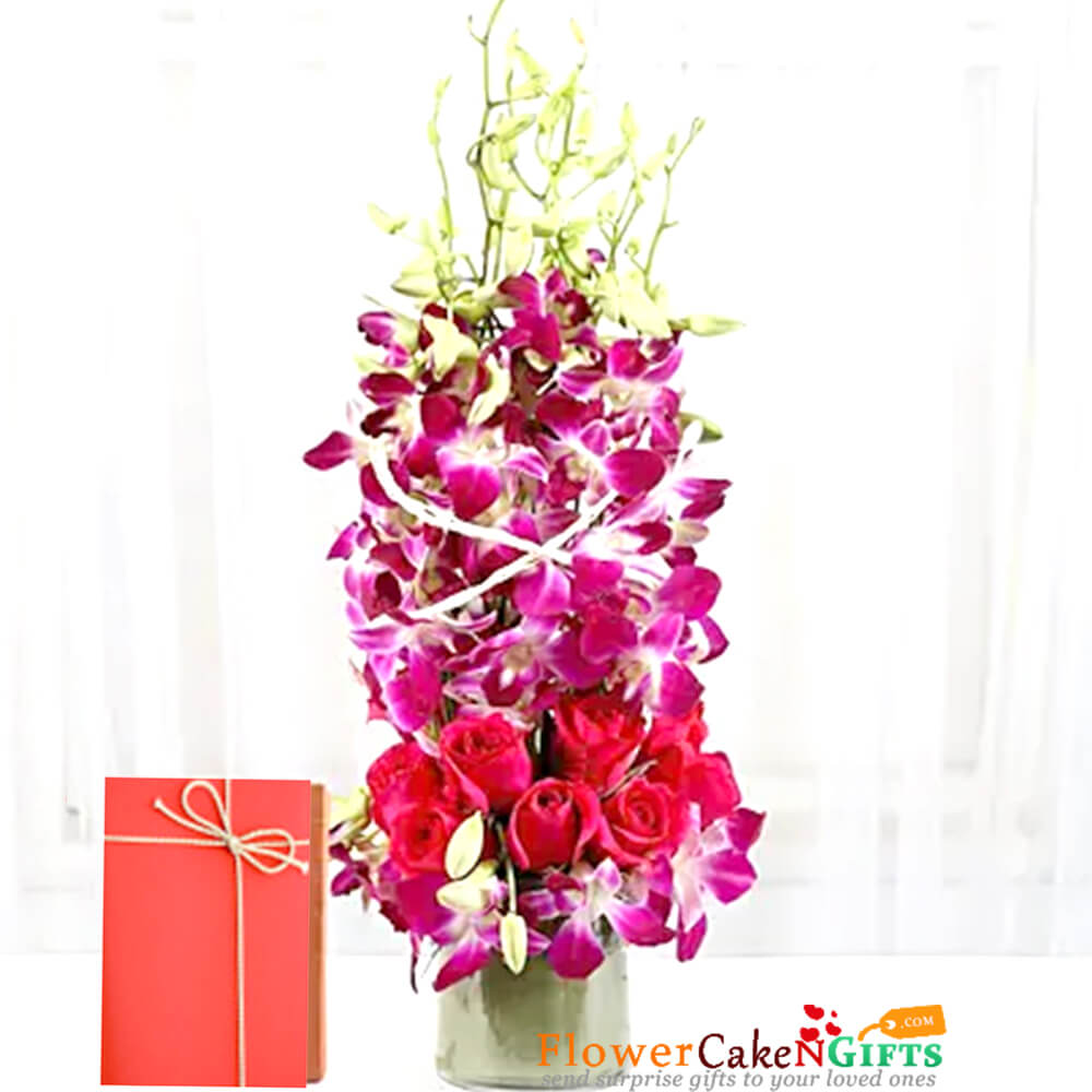 send pink roses purple orchid in a vase delivery