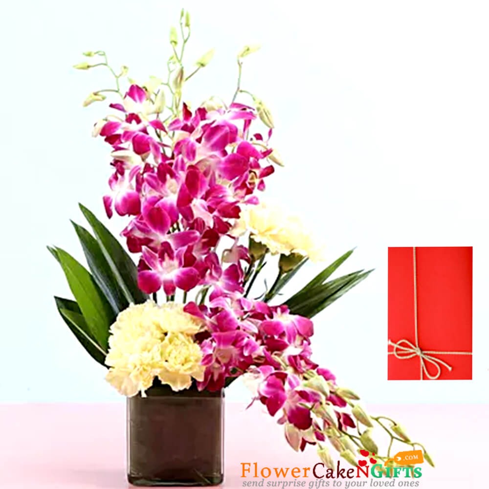 send yellow carnations orchids in vase delivery