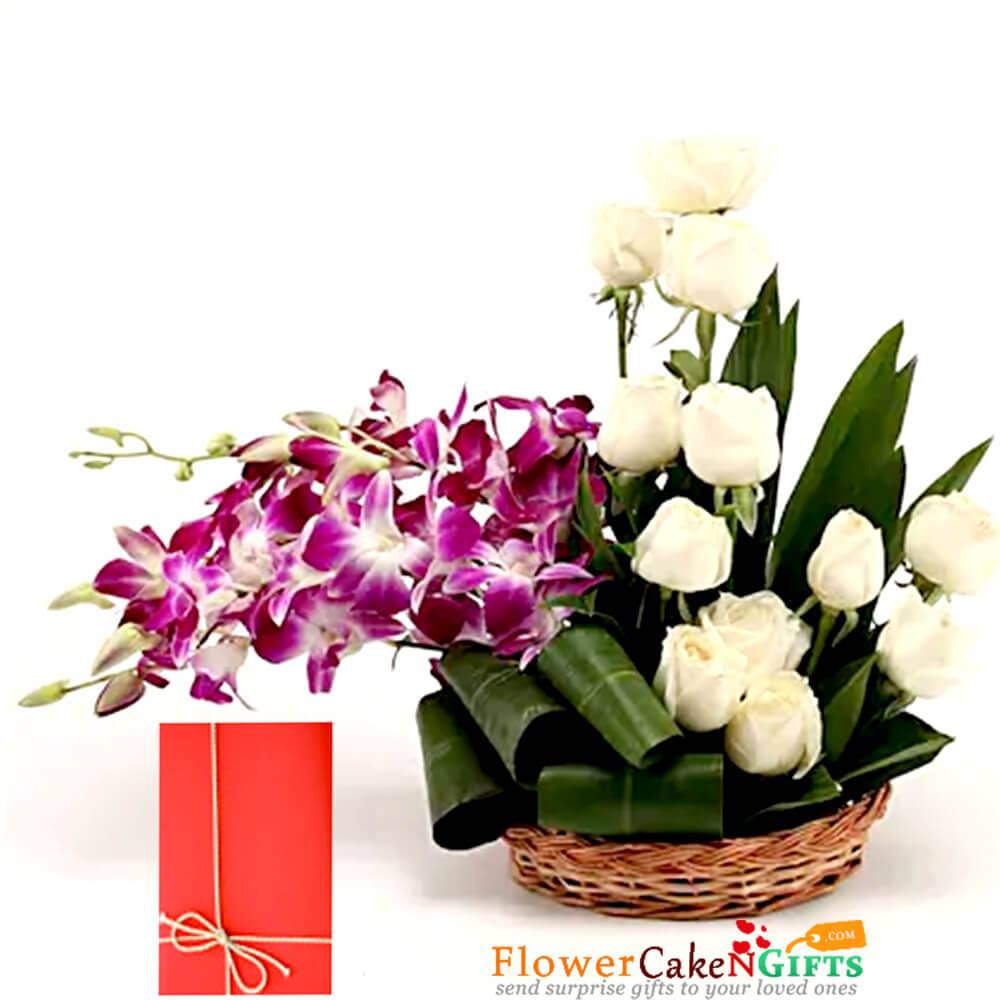 send  white roses orchids arrangement delivery