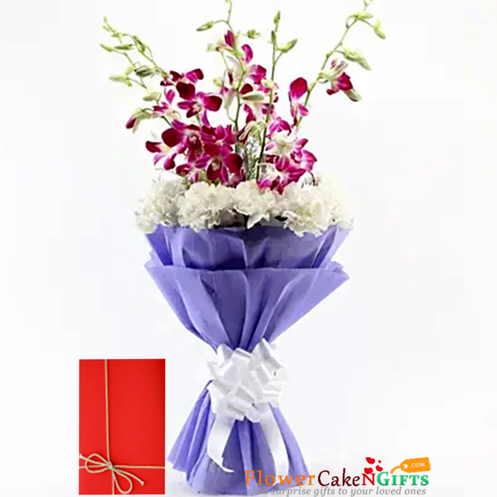 send 5 purple orchids 10 white carnations bouquet delivery