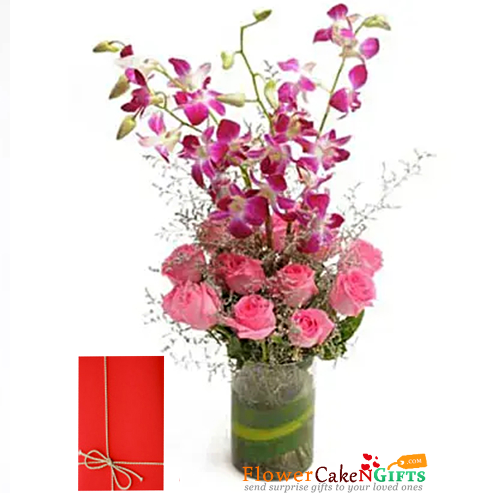 send 10 pink carnations 4 purple orchids basket delivery