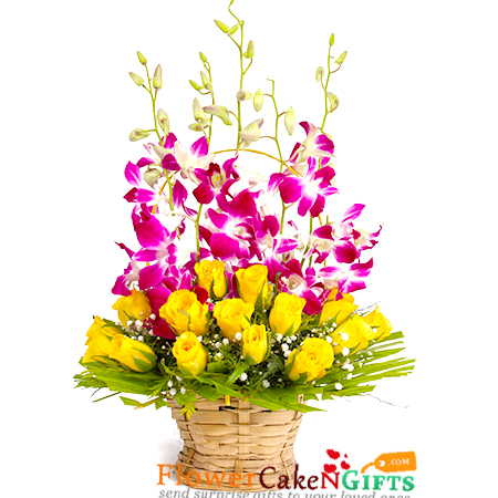 send 15 roses and 5 orchid flower basket delivery