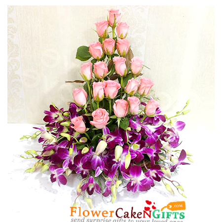 send pink roses n purple orchids basket delivery