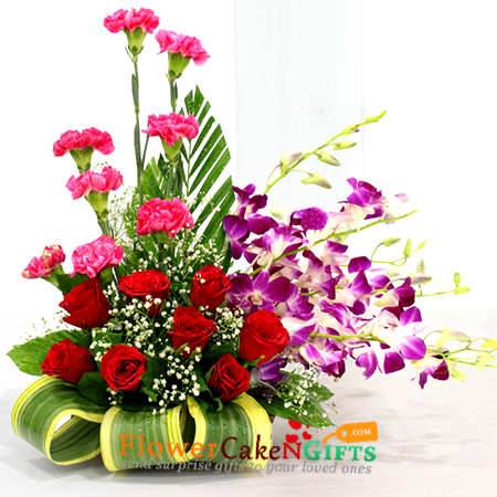 send 7 Red Roses 8 Pink Carnations 5 Purple Orchids in Basket  delivery