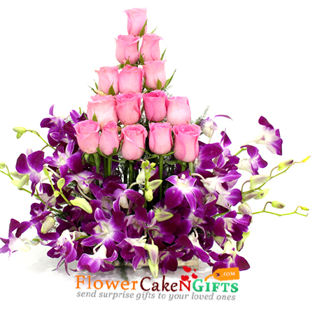 send 15 pink roses 6 purple orchids in basket delivery